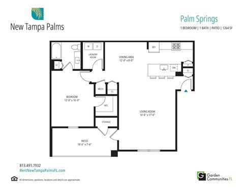 Floor plan for 1 bed, 1 bath, 1264 sqft